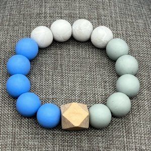 Silicone Bead Bracelet Wooden Faceted Cube Baby Teething Blue White Sage Green